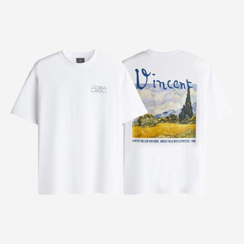 

[Van Gogh] HM Men s and Women s T-shirt 2025 Autumn New Arrival Print round Neck Loose Shoulder Short Sleeve 0972640 White/Vincent Van Gogh 175/100