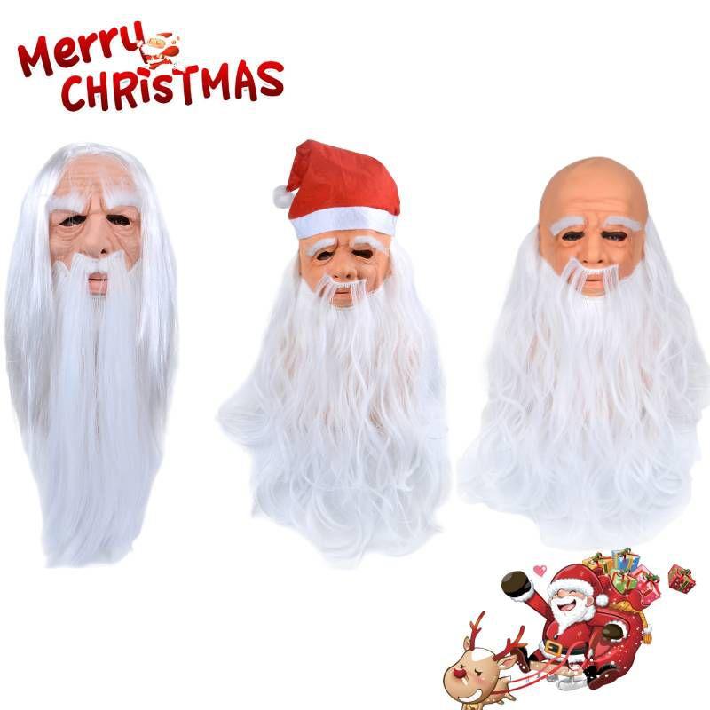Christmas Haired White Old Man Santa Claus Latex Headgear Mask Role Play Props