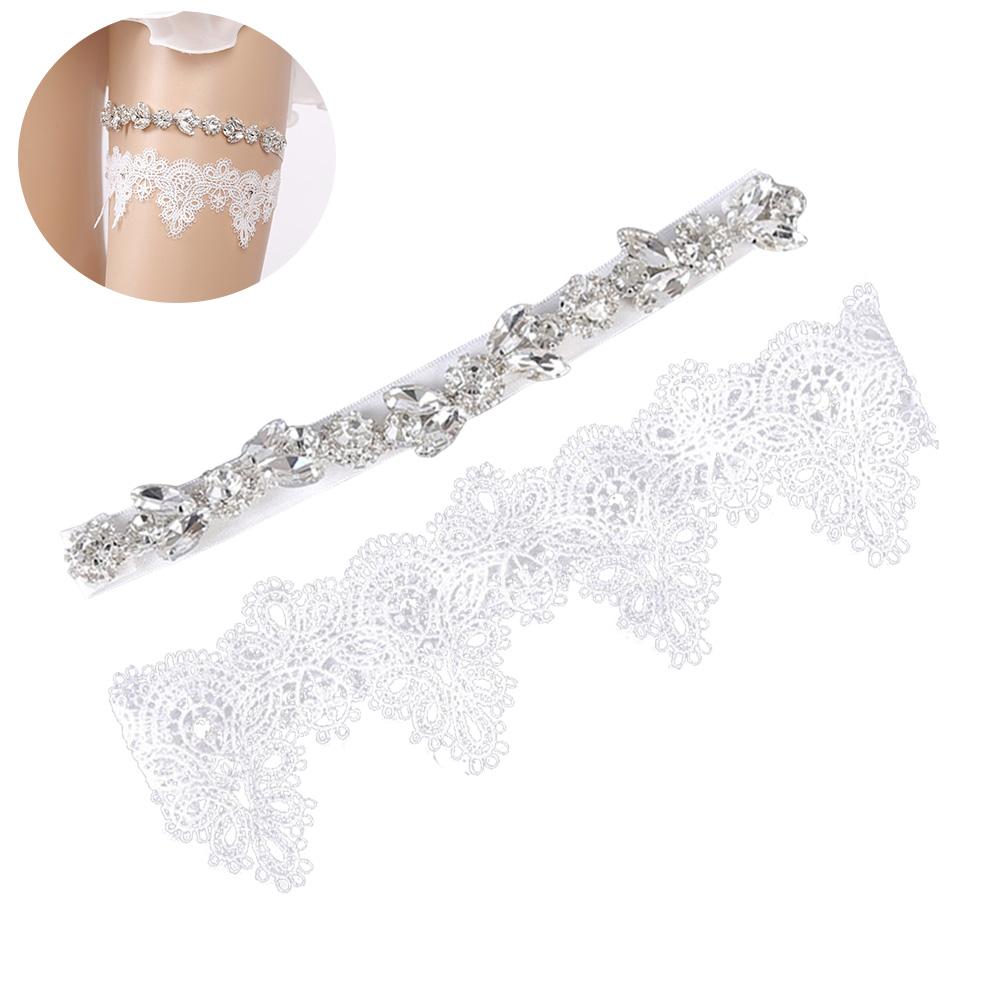2 PCS Wedding League Bride Wedding League Bridal Lace for Bride White Gifts Belts Leg Garters Dress with Diamonds