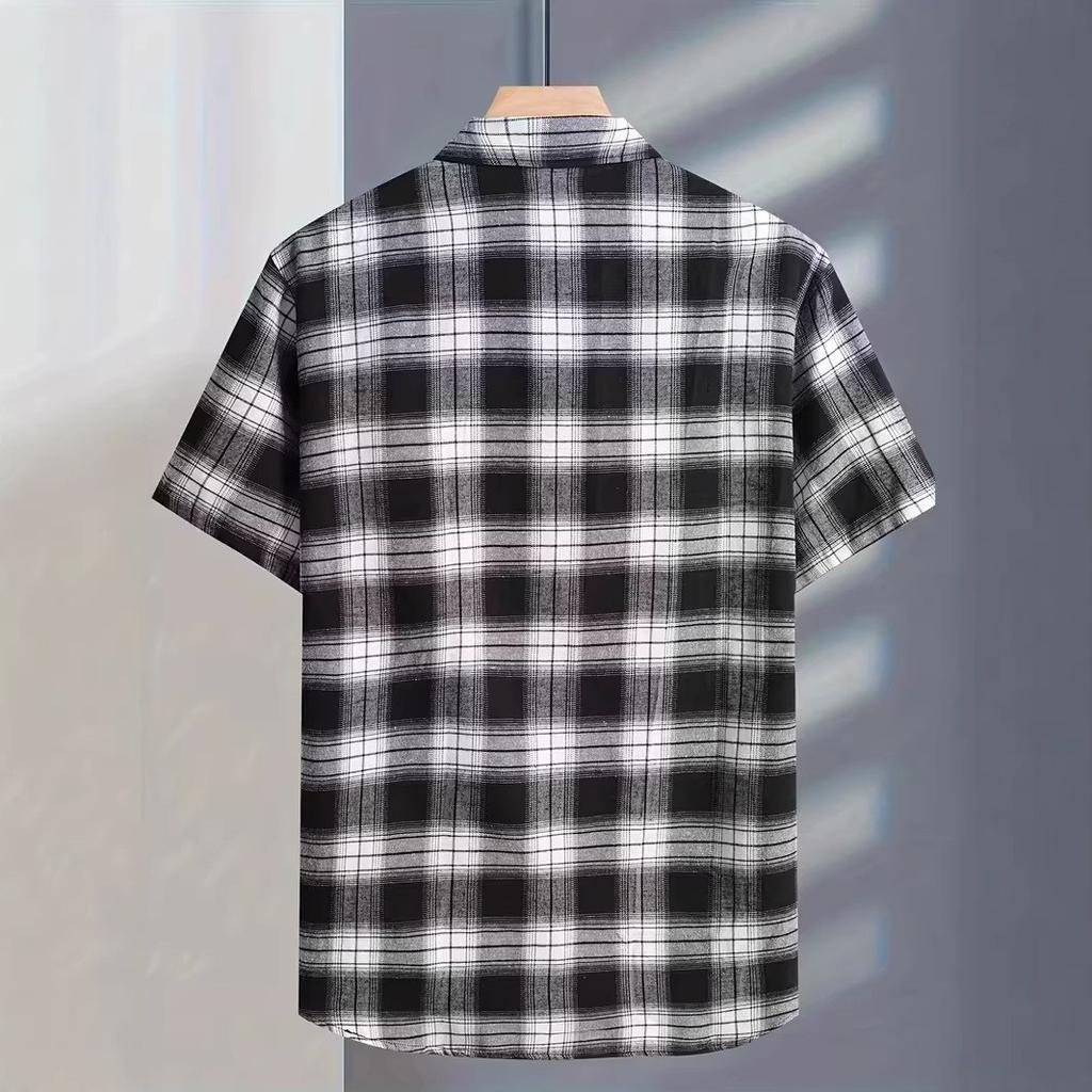 Men Summer Casual Lapel Lattice Shirt 100% Polyester Men Shrot Sleeve 3D Digital Print Shirt