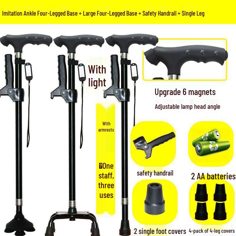 Four-Legged Aluminum Walking Cane with Light, Non-slip, Telescopic, Lightweight, Multi-functional Support for the Elderly