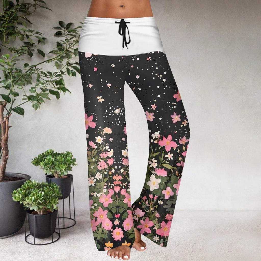 Pantaloni Casual Largi cu Talie Elastică cu Șnur pentru Femei, cu Imprimeu Floral și Blocuri de Culoare