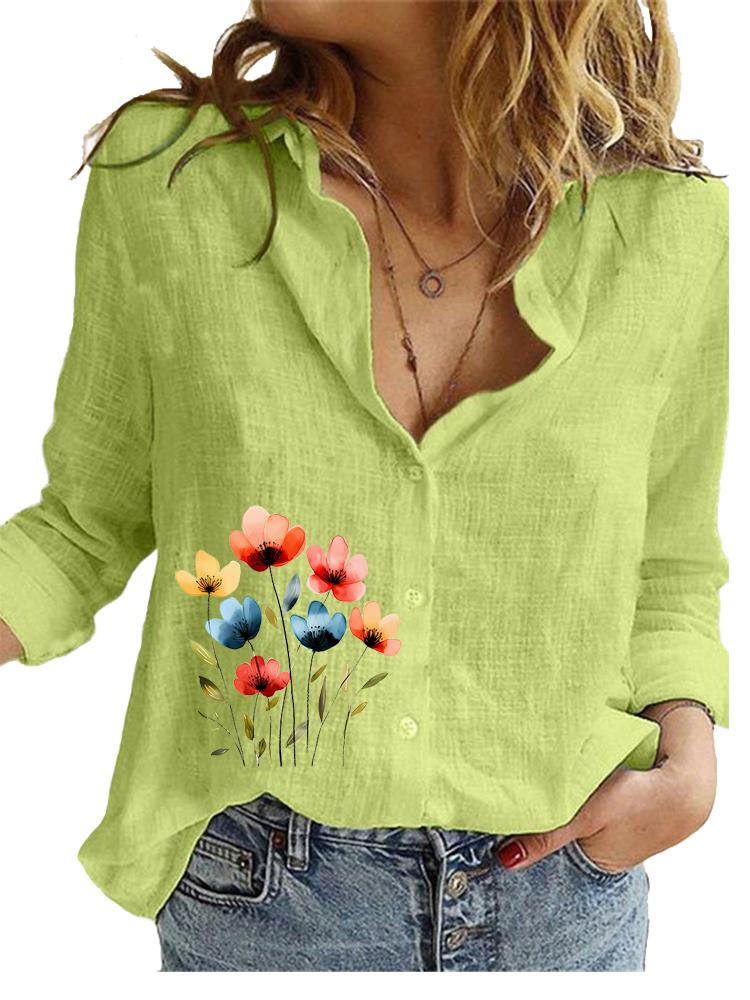 Women Fashion Cotton Linen Blouse Ladies Casual Loose Top Ladies Print Long Sleeve Shirt