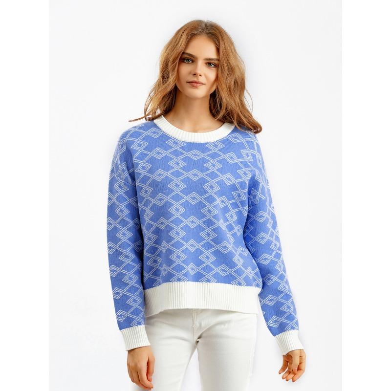 Suéter feminino de manga comprida jacquard para outono e inverno, gola redonda solta e versátil