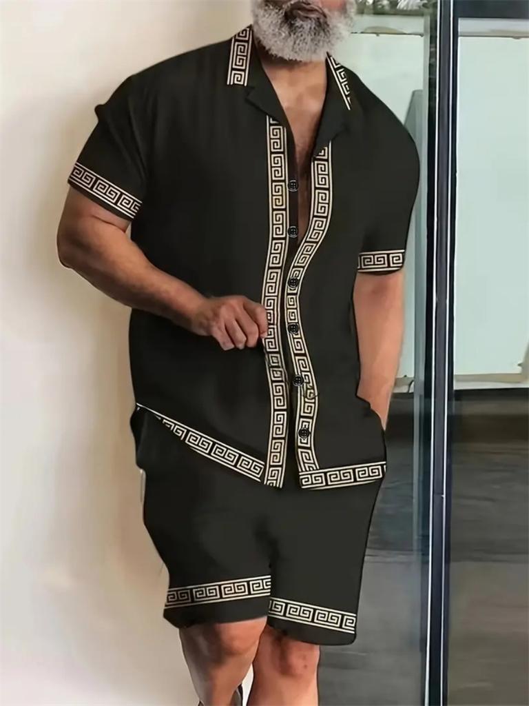 Men's New Hawaiian Short-Sleeved Shirt Shorts Set Summer Daily Travel Shirt Beach Casual Drawstring Shorts Jungle Print Set