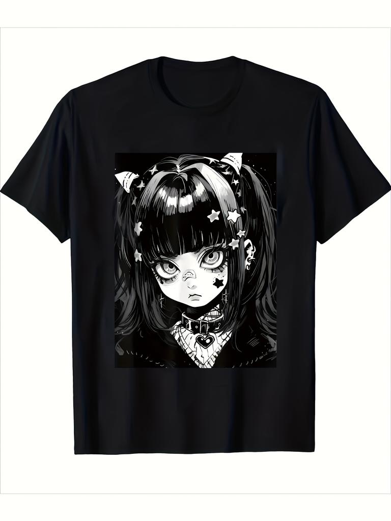 Gothic Anime Girl with Stars T-shirt