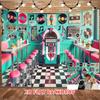2D Flat Banner, 1 Piece of Retro Jukebox Music-themed Party Decoration, Retro Vinyl Records and Ice Cream Cone Design
