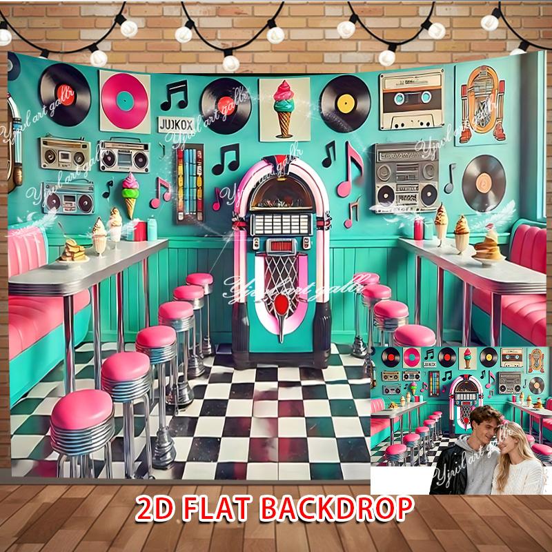 2D Flat Banner, 1 Piece of Retro Jukebox Music-themed Party Decoration, Retro Vinyl Records and Ice Cream Cone Design