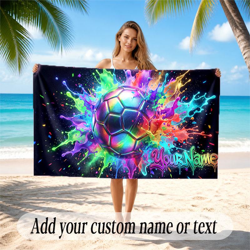 Soccer Theme Beach Towel Personalized Custom Name & Text Soft Quick Dry Beach Towel for Swimming Travel