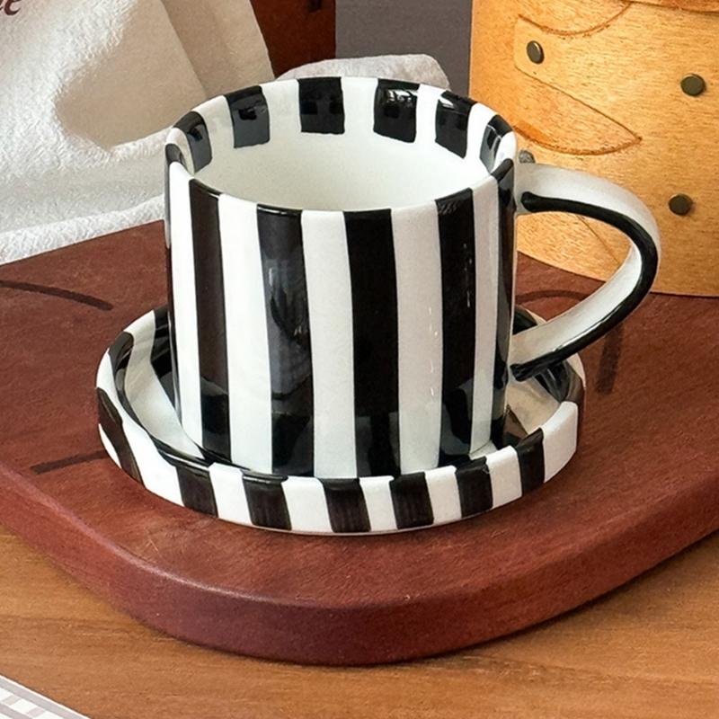 Cup Coffee Striped And Ceramic Saucer Set 5inch Elegant Pattern For Daily Beverages Ergonomic Grip Designs