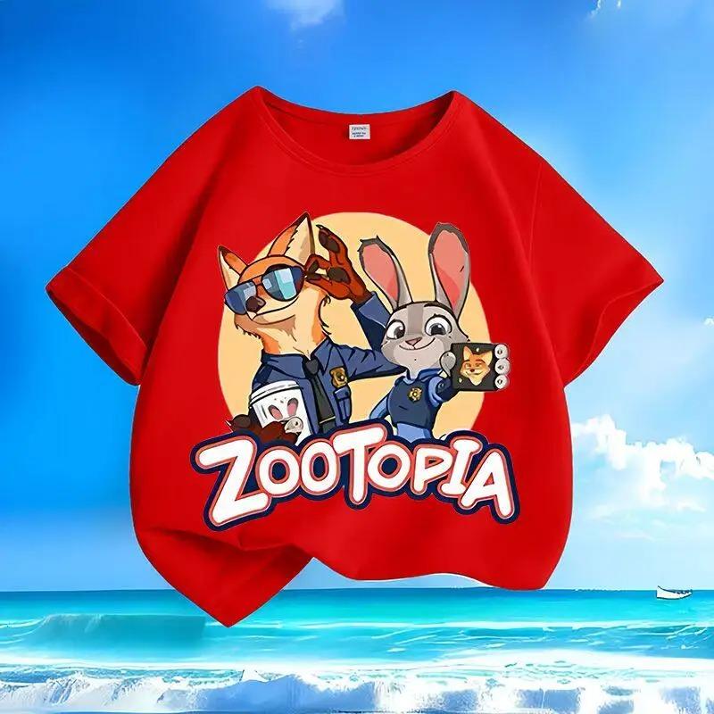 Pure Polyester Kids Short Sleeve Tee 2026 New, Zootopia Judy Nicky Cartoon Print Round Neck Casual Tops For Small Medium Children