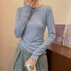 New Blue Curled Round Neck Long-sleeved T-shirt for Women In Spring and Autumn, Waist Slimming, Slim-fitting Inner Layering Shirt Top