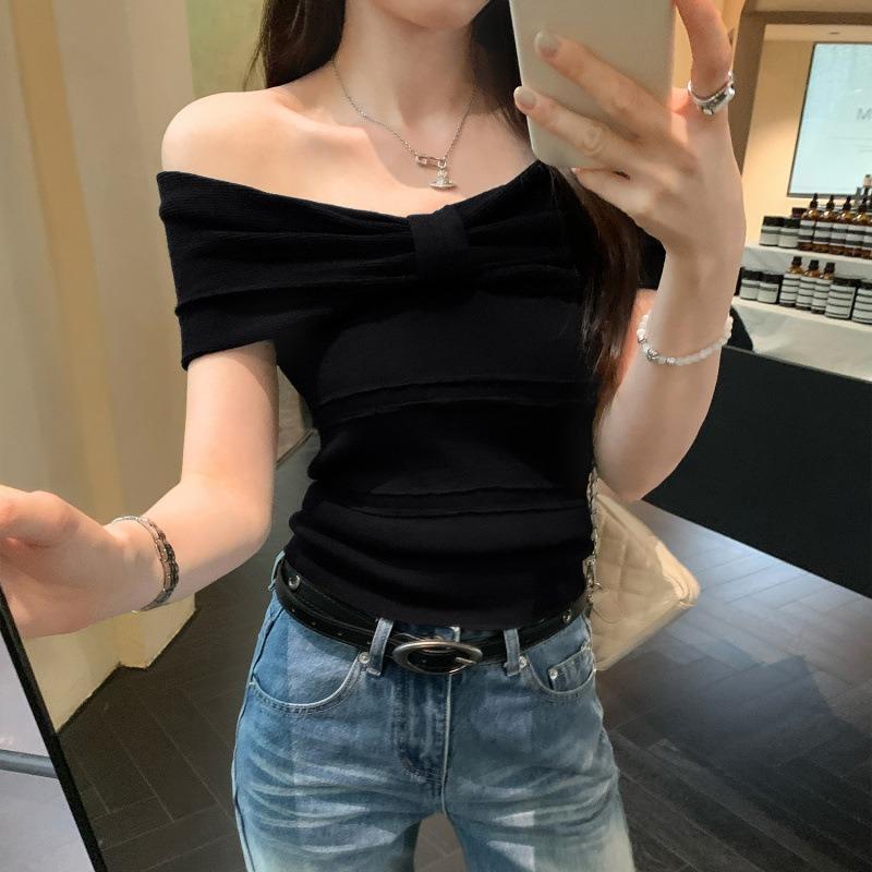 Directly Sold Bow-tie One-shoulder Off-shoulder Short-sleeved Sweater for Women Summer New Slim Fit and Beautiful Top S чёрный