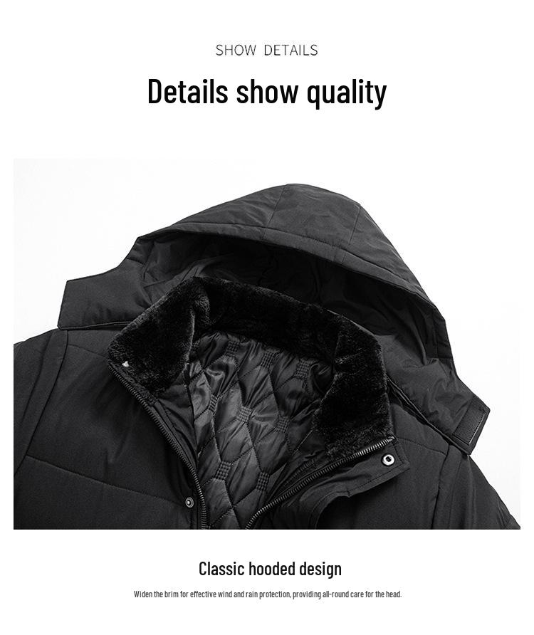 Men's Winter Classic Velvet-Lined Mid-Length Coat with Detachable Hood