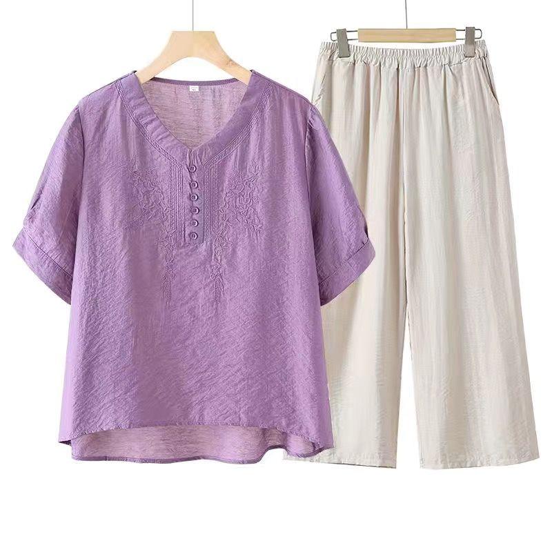 Women's Tencel Linen Embroidered Short-Sleeve Top & Pants Set for Summer - Middle-Aged Mother's Style.