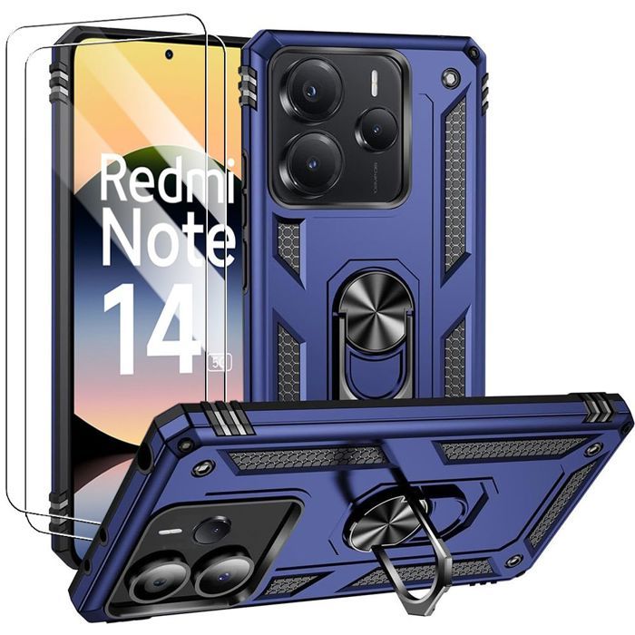 Case - E.F.CONNECTION - For Xiaomi Redmi Note 14 5G - Shockproof - Rotating Ring - Tempered Glasses Included
