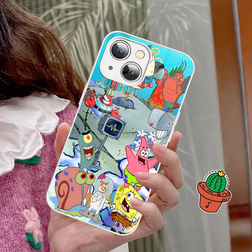 Cartoon Niedlich S-SpongeBob Anime Gehärtetes Glas Für Iphone 14 13 12 11 Pro Mini XS MAX 14Plus X XS XR Hüllen