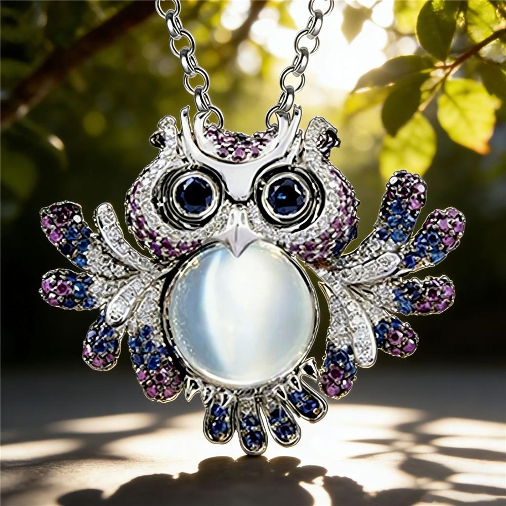 Cute Animal Female Rainbow Zircon Moonstone Owl Pendant Necklace Silver Color Wedding Jewelry For Women