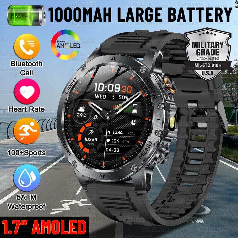 New Military Sports Smart Watch 1000mAh Battery 5ATM Waterproof LED Flashlight Fitness trackr Smartwatch Men