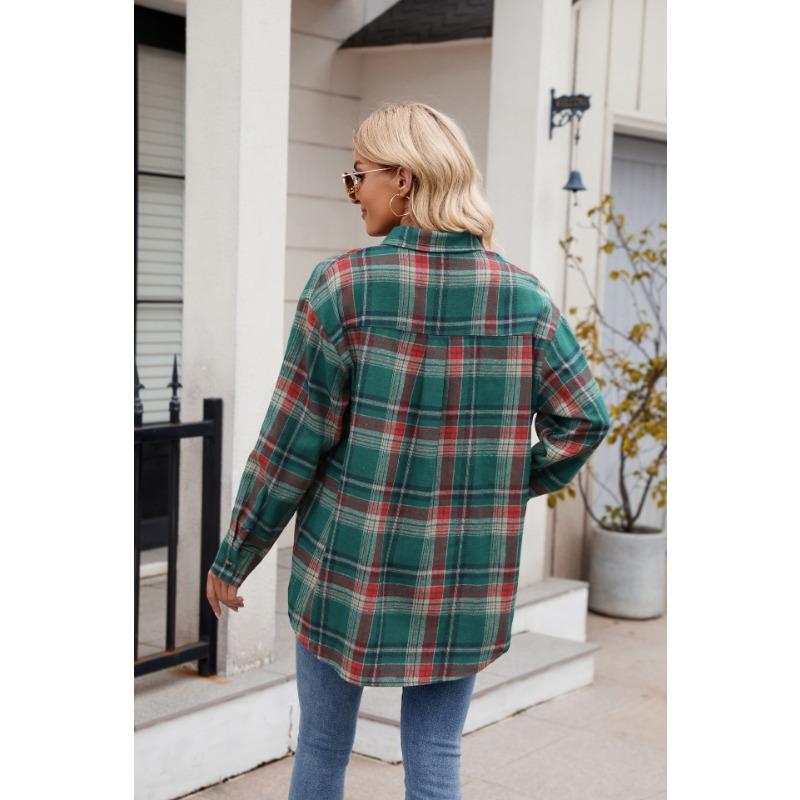 Women S Loose Casual Plaid Pocket Long Sleeve Shirt