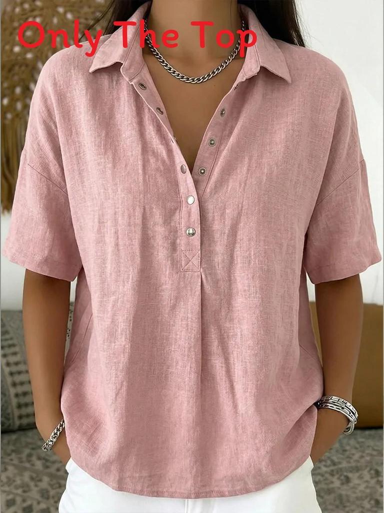 Casual Linen Shirt For Women With Turndown Collar And Short Sleeves For Summer Comfort