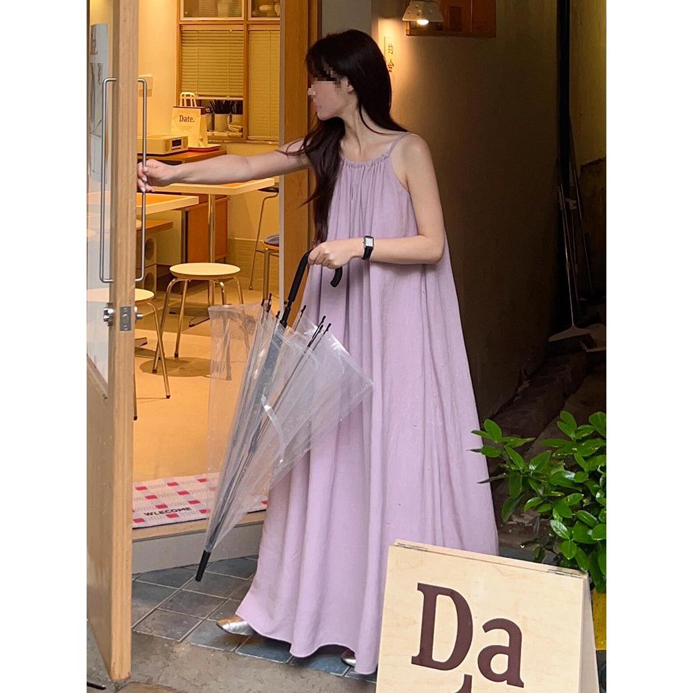 French first love gentle purple neck sling dress summer women's vacation style loose and thin A-shaped long skirt