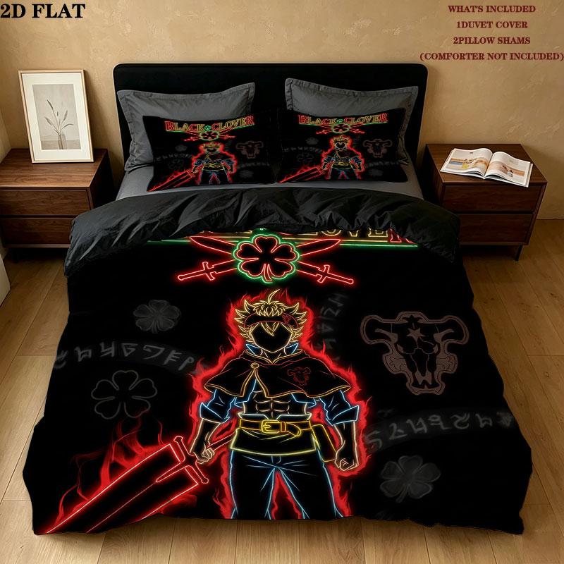 Black Clover Pattern Bedding Quilt Set Quilt Cover Pillowcase Home Birthday Gift(1 * duvet cover + 2 * pillowcase, without core)