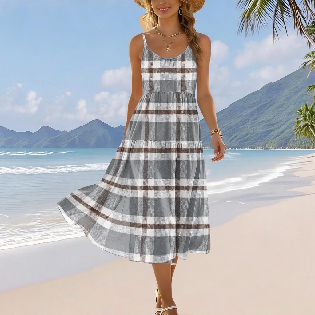 Women's Summer Fashion Printed Pocket Adjustable Shoulder Strap Bohemian Leisure Beach Resort Strap Dress