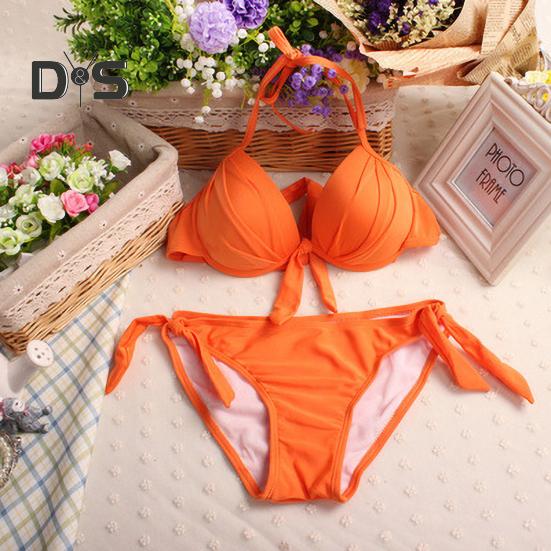 2Pcs/Set Sexy Bikini Set Halter Push-Up Solid Color Bra High Waist Swimming Briefs Set Bowknot Decoration Beachwear