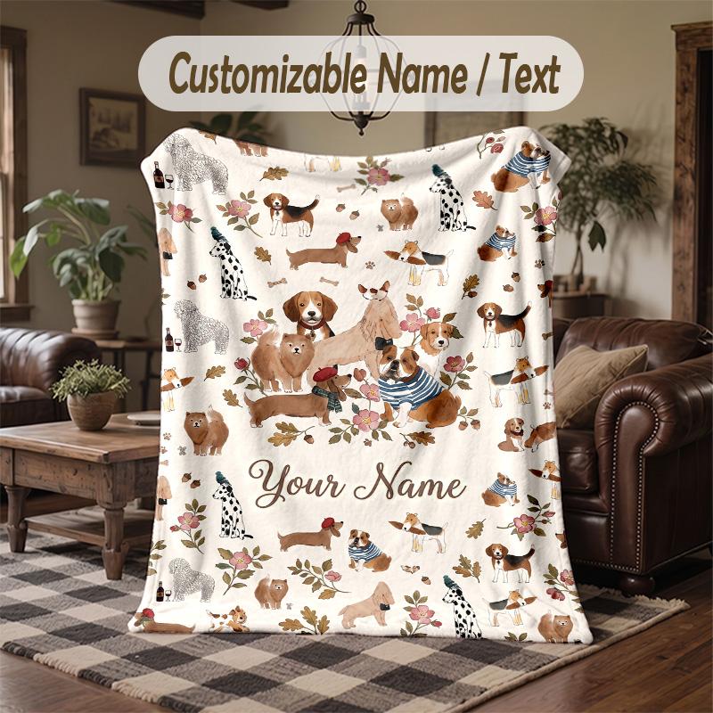 Diverse Dogs Harmony Theme Throw Blanket Custom Name Text Personalized Blanket Soft Cozy Blanket for Home Sofa Bed