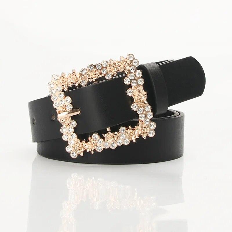 Fashionable Belts for Woman Gold Color Metal Floral Rhinestone Buckle Simple Practical Solid Color PU Belts