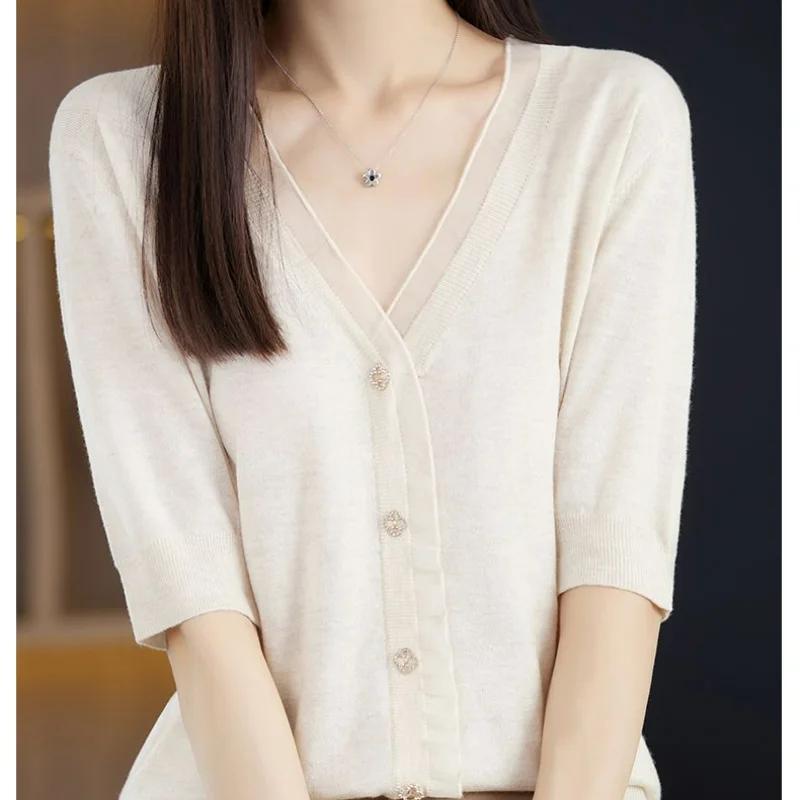 Women's White V-Neck Knit Cardigan Half Sleeve Button Up Casual Slim Fit Top