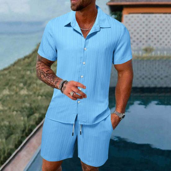 2Pcs/Set Men Casual Outfit Lapel Short Sleeve Single Breasted Shirt Elastic Drawstring Waist Wide Leg Shorts Set Solid Color Loose Fit Outfit