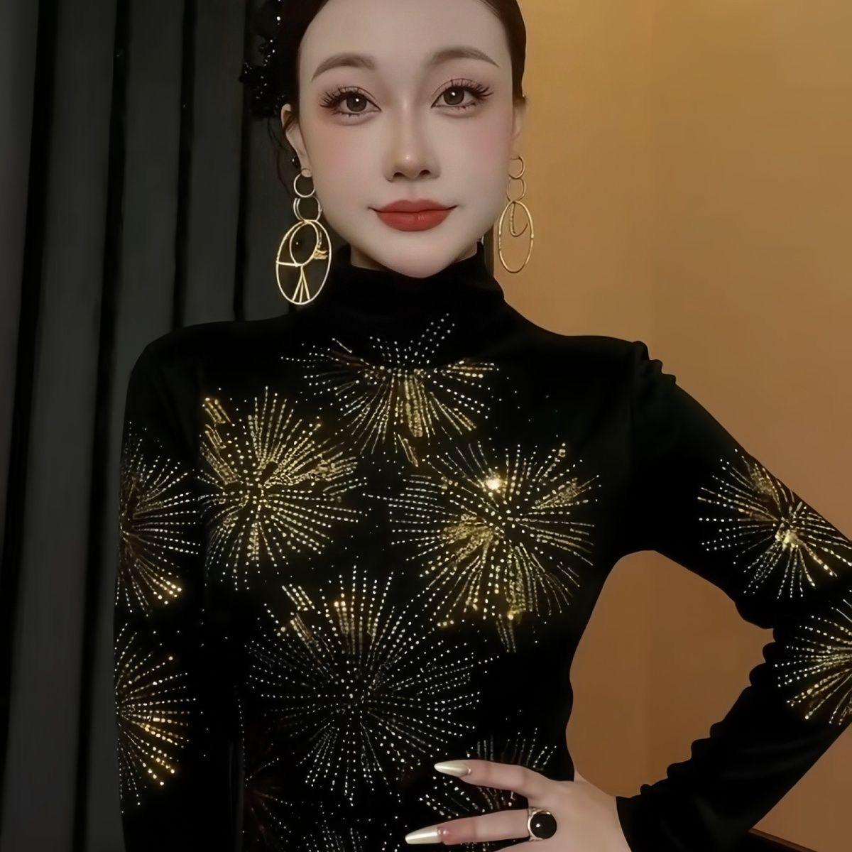 

Женский осенне-зимний топ De Rong с длинным рукавом, полувысоким воротником и стразами M