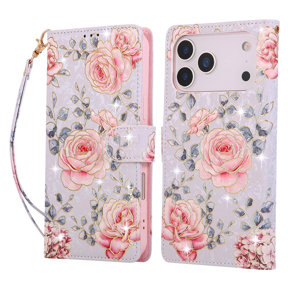 For iPhone 17 Pro Max Case RFID Blocking Flower Leather Phone Cover with Wrist Strap