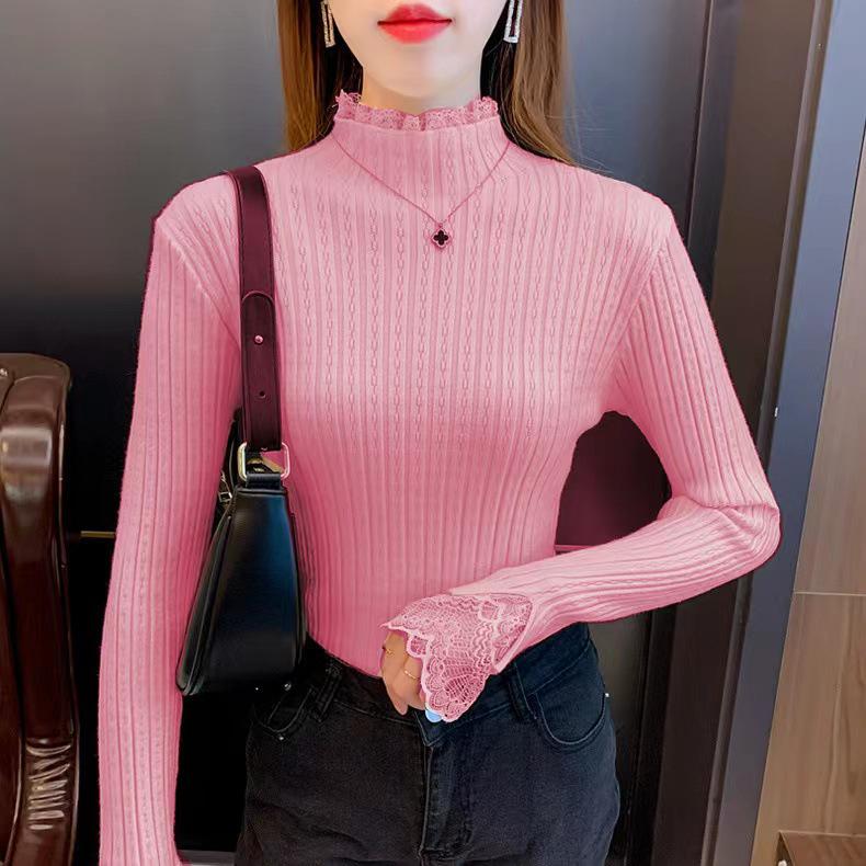Lace Trim Semi-High Neck Slim Fit Women's Sweater - Apricot Knit Long Sleeve Top