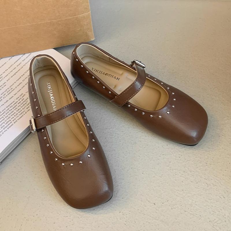 

Fashion Spring New Single Shoes Women Fashion Square Head Shallow Mouth Riveted Metal Buckle Line with Soft Sole Non-slip Flat Shoes 40