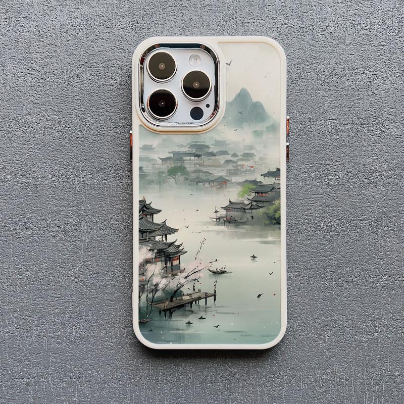 Mountains and Streams Pavilion Ink Brush Painting Phone Case for iPhone 12 13 14 11 Pro Max X XR XS 14 7 8 Plus SE Silicon Cover