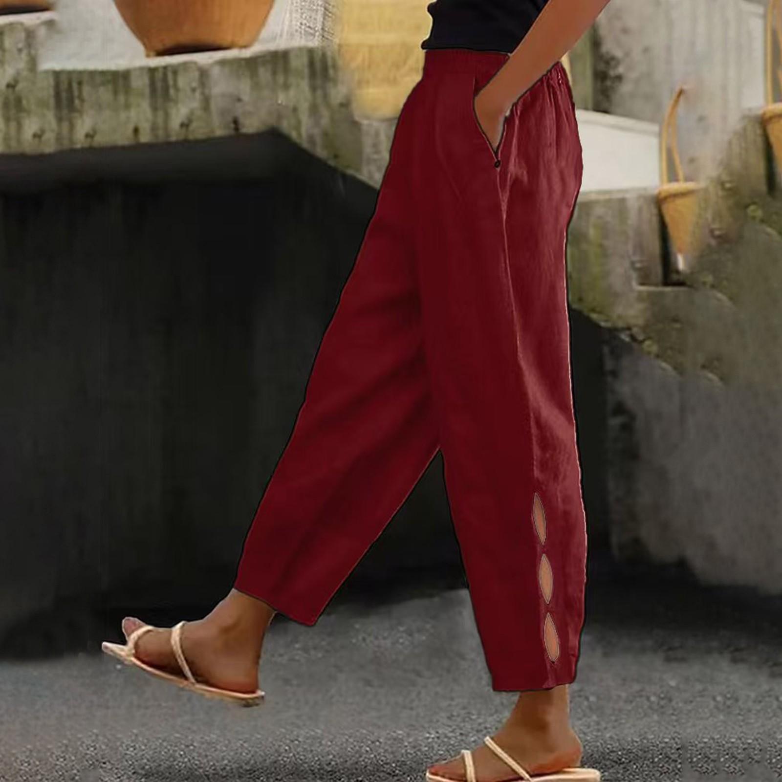 

Женские модные хлопковые и льняные однотонные повседневные повседневные брюки с боковыми карманами и полыми пуговицами XL винный