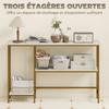 Mesa de Console de Três Níveis com Prateleiras de Armazenamento e Tampo com Efeito Mármore, 120 cm, Branco e Dourado
