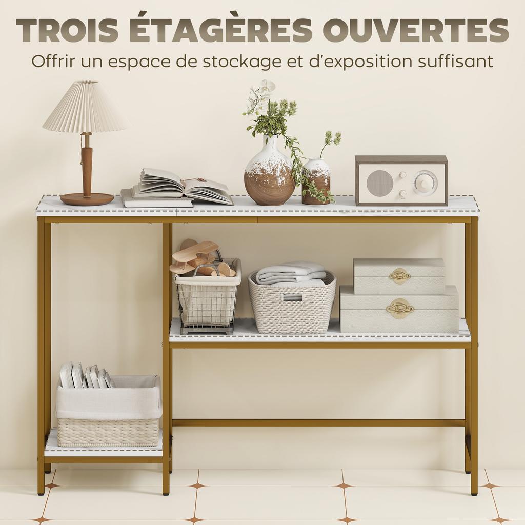 Mesa de Console de Três Níveis com Prateleiras de Armazenamento e Tampo com Efeito Mármore, 120 cm, Branco e Dourado