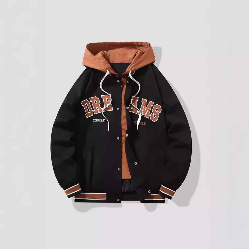 Fake Two-piece Coat Spring and Autumn New Versatile Hooded Casual Loose Hong Kong Style Trendy Jacket Couple Loose Coat