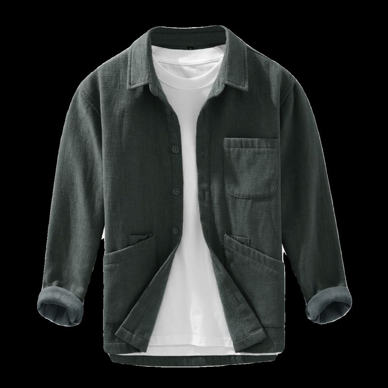 With Tags Removed, Turn-Down Collar, Fleece-Lined, Ramie Long-Sleeve Men's Winter Cotton-Linen Japanese-Style Casual Shirt, High-End Feel Jacket