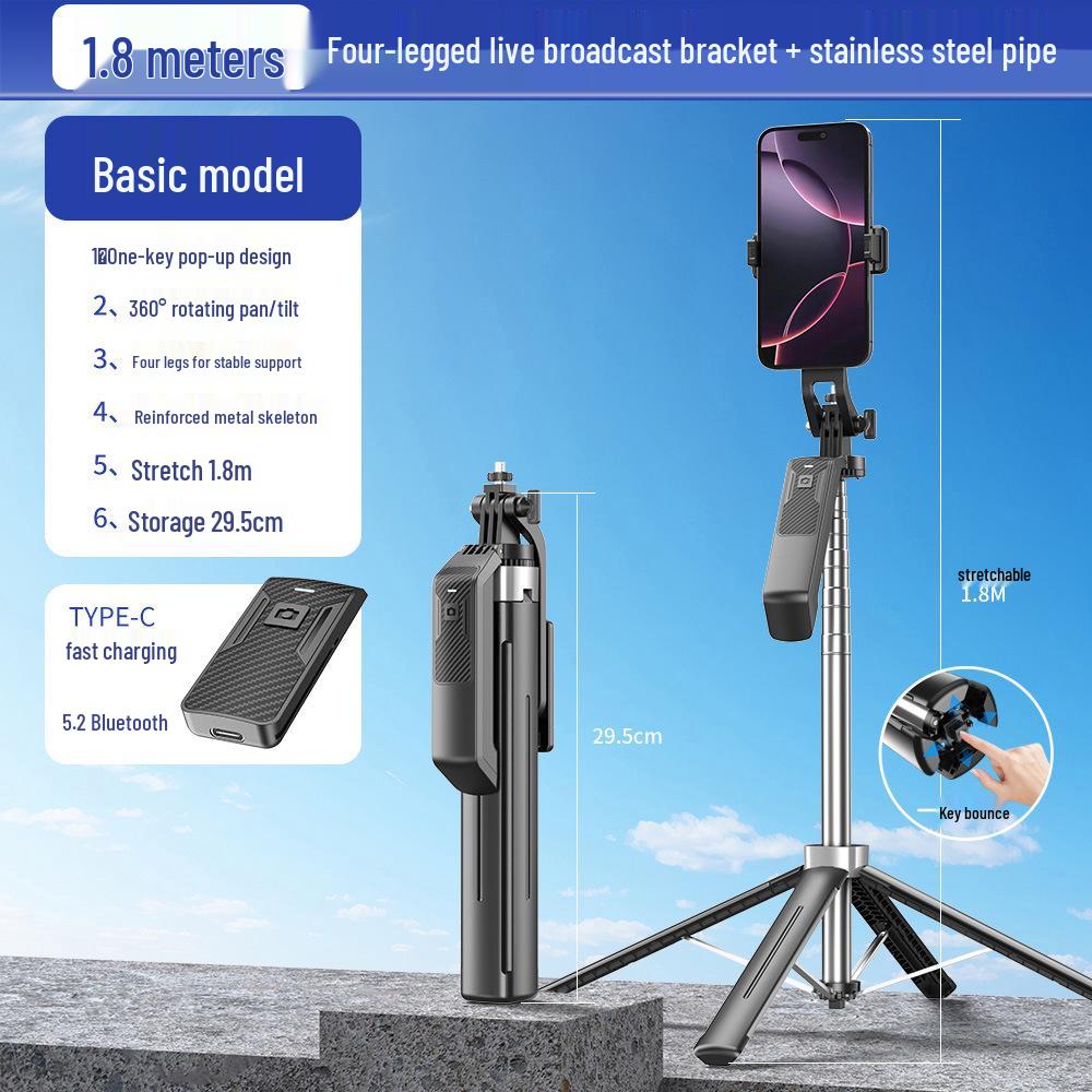 1.8m Aluminum Alloy Selfie Stick with Bluetooth Remote and Phone Holder for Live Streaming