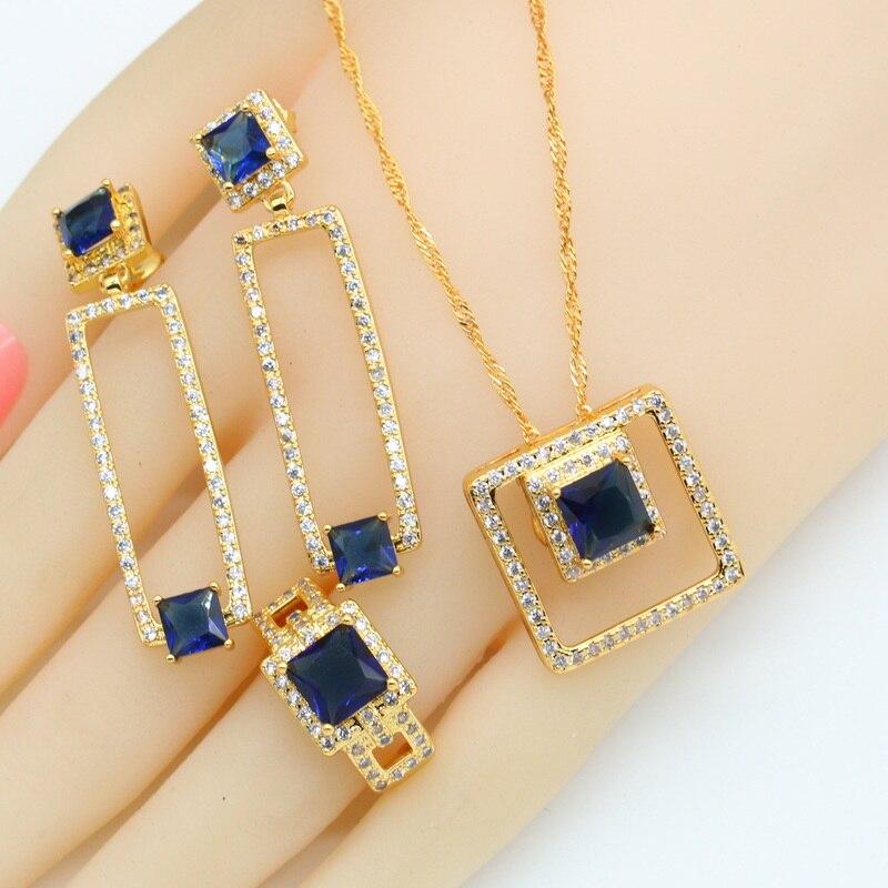 Geometric Blue Stones  Gold Plated Jewelry Sets For Women Earrings Necklace Pendant Ring Bracelet Wedding Birthday Gift