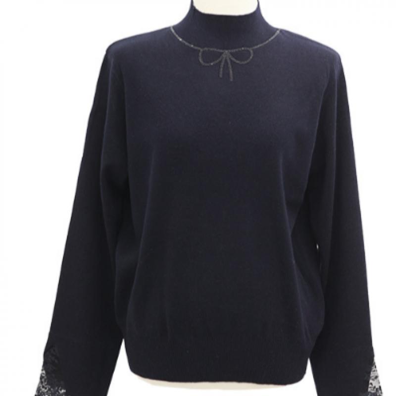 Shiz Madam Half Polo Knit With Ribbon Cubic Neck And Lace Sleeves T57446
