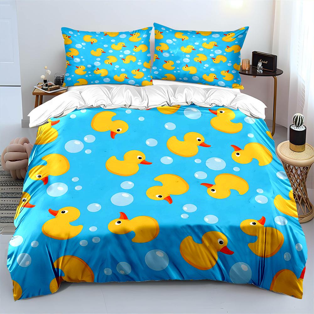 Yellow Ducks with Blue Bubble Background Bedding Set for Kids Luxury Gift 3pcs Digital Print Comforter Set Soft Comfortable