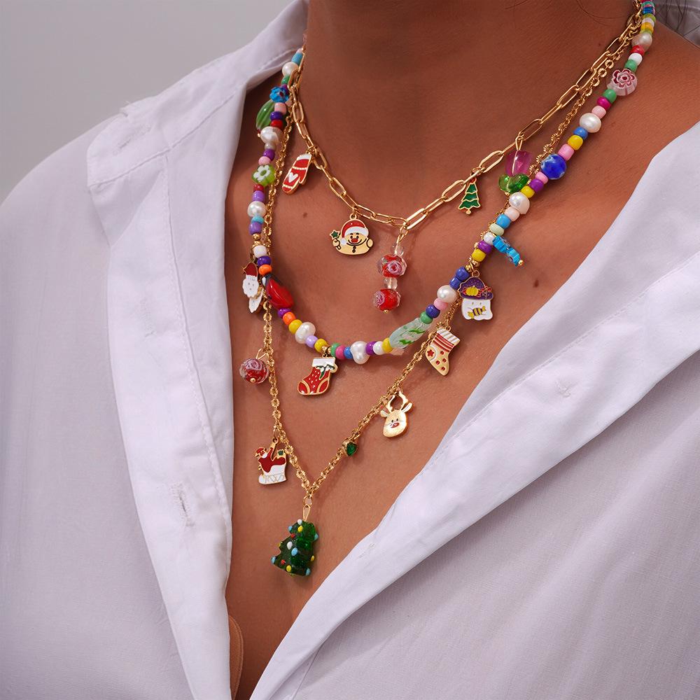 2025 Santa Claus & Christmas Tree Rice Bead Choker - European/American Fashion Stainless Steel