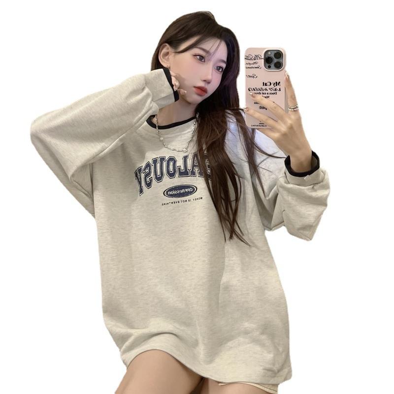 Herbstkleidung, amerikanische Mosaikfarbe, Rundhalsausschnitt, langärmeliger Kapuzenpullover, Damen, amerikanischer Buchstabendruck, lässige Bluse