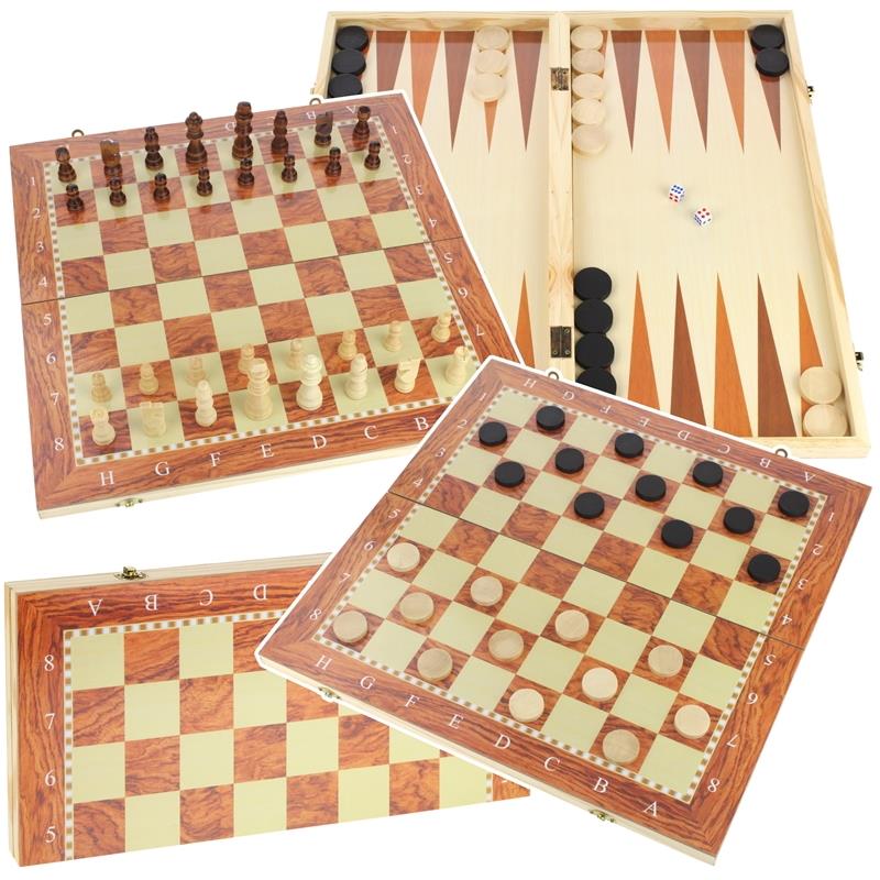 Classic Wooden Chess Board Game 3-in-1 Checkers Backgammon 48X48 Cm
